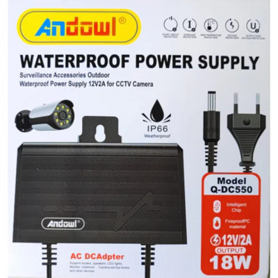 Andowl Q-DC550 Waterproof Power Supply 12V 2A 18W IP66 Outdoor Adapter for CCTV Cameras and LED Devices