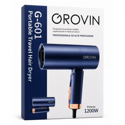 Grovin G-601 Portable Travel Hair Dryer 1200W Foldable Compact Dual Speed Dual Heat Lightweight Design Blue