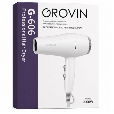 Grovin G-606 Professional Hair Dryer 2000W High Power 3 Speed 3 Heat Settings Salon Performance Fast Dry White
