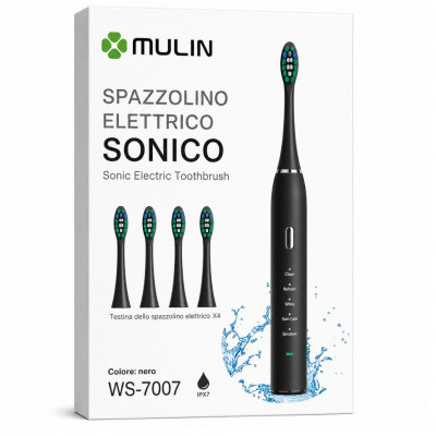 Mulin WS-7007 Sonic Electric Toothbrush IPX7 Waterproof 37200 Vibrations 4 Heads USB Rechargeable Black
