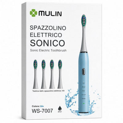 Mulin WS-7007 Sonic Electric Toothbrush IPX7 Waterproof 37200 Vibrations 4 Heads USB Rechargeable Blue