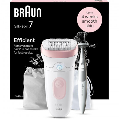 Braun Silk-épil 7 Women\'s Epilator Waterproof Wet Dry Hair Removal System with Bikini Trimmer Pink