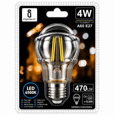 Aigostar A60 E27 Filament LED Bulb 4W 6500K Day Light 470/500LM Clear Decorative Glass Lamp A+