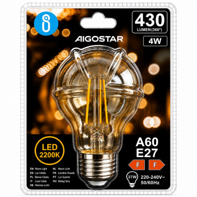 Aigostar A60 E27 LED Filament Bulb 4W 2200K Warm Light 430LM Decorative Vintage Lamp