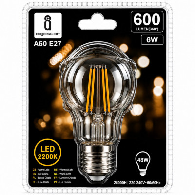 Aigostar A60 E27 LED Filament Bulb 6W 2200K Warm Light 600LM Decorative Vintage Glass Lamp