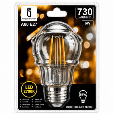 Aigostar A60 E27 LED Filament Bulb 6W 2700K Warm White 730LM Decorative Vintage Lamp