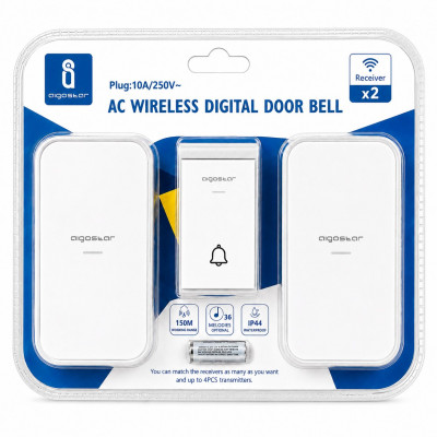 Aigostar AC Wireless Digital Door Bell Kit – Dual Receiver, 150M Range, 36 Melodies, Waterproof IP44, Easy Plug-In