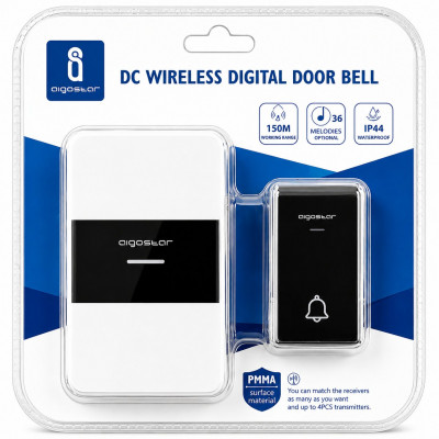 Aigostar DC Wireless Digital Door Bell – 150M Range, 36 Melodies, Waterproof IP44, Easy Installation, Battery Included