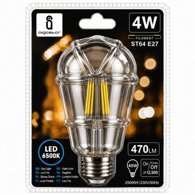 Aigostar ST64 E27 Filament LED Bulb 4W 6500K Day Light 470LM Decorative Vintage Lamp Clear Glass