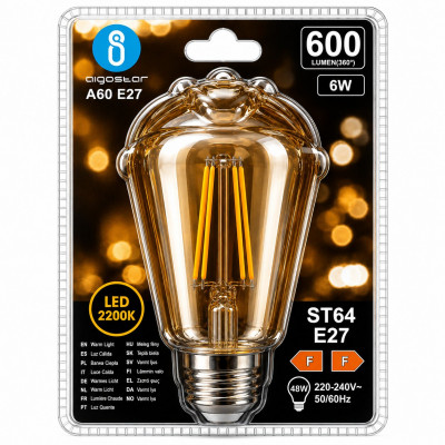 Aigostar ST64 E27 LED Filament Bulb 6W 2200K Warm Vintage Light 600LM Decorative Edison Lamp