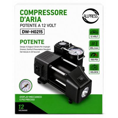 Allpress DW-H0215 12V Air Compressor – Dual Cylinder, 150 PSI, 85L/min, Portable Car Tyre Inflator with Gauge