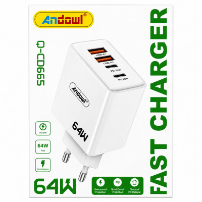 Andowl 64W Fast Charger Q-CD665 USB-C PD + USB-A QC 3.0 Multi-Port Wall Charger EU Plug Compact Design
