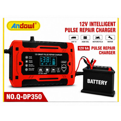 Andowl Q-DP350 12V Intelligent Pulse Repair Battery Charger 6A Smart Car Motorcycle Charger LCD Display