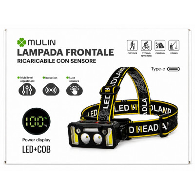 MULIN Rechargeable LED+COB Headlamp with Sensor, Adjustable Beam, Type-C Charging, 200 Lumen, 1200mAh Battery – Lightweight Outd