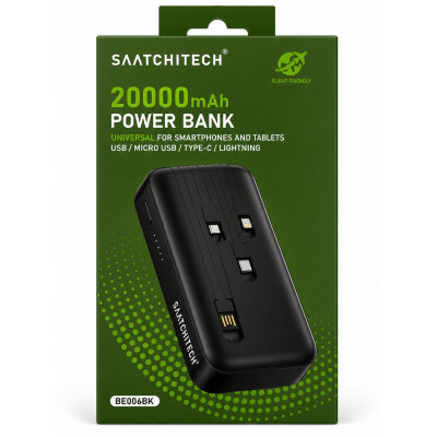 SAATCHITECH 20000mAh Power Bank BE006BK Fast Charging Portable Charger with Built-in Cables USB Type-C Lightning