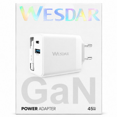 WESDAR GaN 45W Power Adapter Fast Charger USB-C + USB-A PD Compact Wall Charger for Smartphones and Laptops