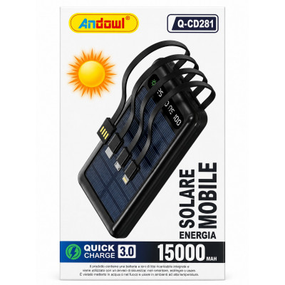 Andowl Q-CD281 15000mAh Solar Power Bank Quick Charge 3.0 Portable Charger with Built-in Cables USB Type-C iOS