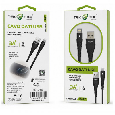 Tek One Lightning USB Cable 3 Meter 3A Fast Charging Data Cable for iPhone and Apple Devices Black