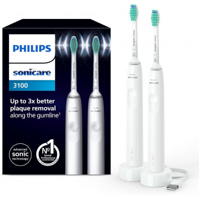 Philips Sonicare 3100 HX3675/13 Sonic Electric Toothbrush Twin Pack with Pressure Sensor, White.