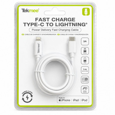 Tekmee USB-C to Lightning Fast Charge Cable 1M PD 3A Charging Sync Cable for iPhone iPad iPod White