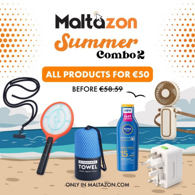 Summer Combo 2 Ultimate Beach & Travel Essentials Pack with Fan, Towel, Sunscreen, Travel Adapter and Accessories
