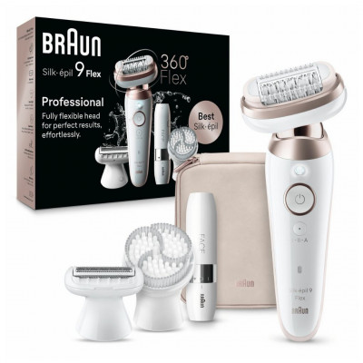 Braun Silk-épil 9 Flex 360° Epilator 225274 Cordless Wet & Dry SensoSmart White with Face Trimmer and Accessories