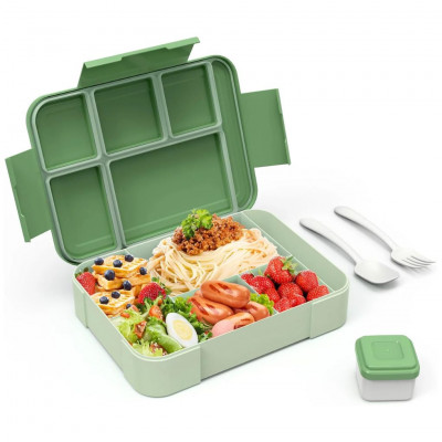 MU 6 Compartment Lunch Box Leakproof Food Storage Container with Cutlery Sauce Cup BPA Free Green