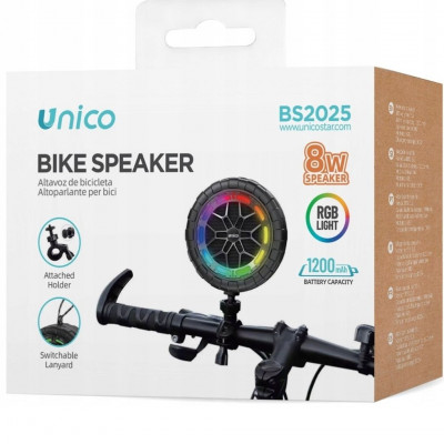 Unico BS2025 Bike Speaker Bluetooth 5.3 8W RGB Light Portable Bicycle Speaker 1200mAh USB-C TF Card Waterproof