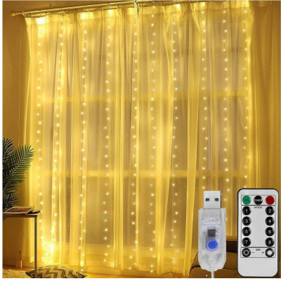 FOYU F02 LED Curtain String Lights 3m x 3m Warm 300 LED USB Powered with Remote Control 8 Lighting Modes