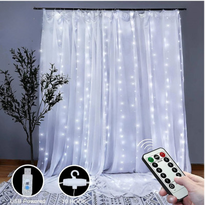 FOYU F02 LED Curtain String Lights 3m x 3m White 300 LED USB Powered with Remote Control 8 Lighting Modes