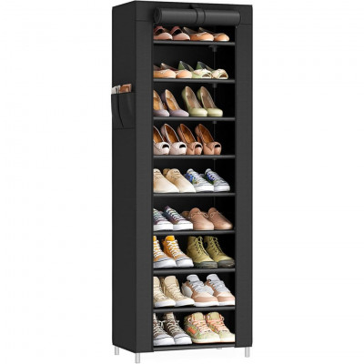 SONGMICS RXJ034BH01 10 Tier Shoe Rack with Fabric Cover Metal Frame Slim Storage Cabinet 28 x 48 x 160 cm Black