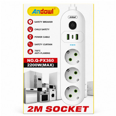 Andowl Q-PX360 2M Extension Power Strip 3 AC Sockets USB-A USB-C 2200W