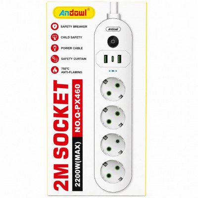 Andowl Q-PX460 2M Extension Power Strip 4 AC Sockets USB-A USB-C 2200W