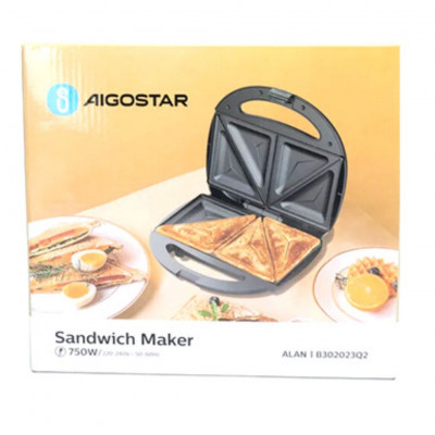 Aigostar Alan 750W Sandwich Maker Non-Stick Plates Double-Sided Heating Compact Lock Handle