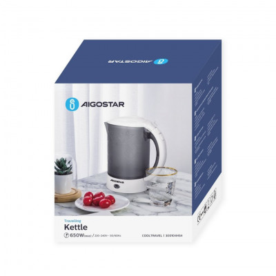 Aigostar Cool Travel 300104HS4 Portable Electric Travel Kettle 0.6L 650W BPA-Free with 2 Cups and 2 Spoons