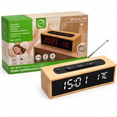 ALLPRESS REF06726 Bamboo Digital Alarm Clock FM Radio LED Display Voice Control Temperature Display 24H Clock