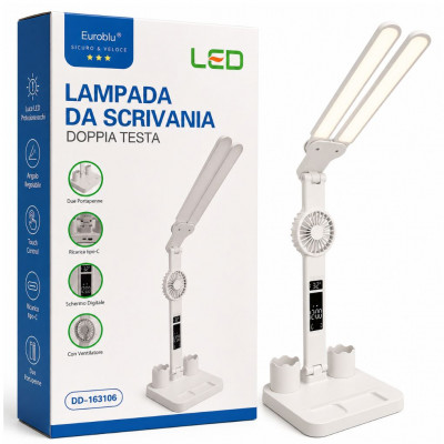 Euroblu LED Double Head Desk Lamp with Rechargeable Battery, Fan, Digital Display, Touch Control & Pen Holders