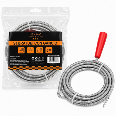 Euroblu 5M Steel Drain Cleaning Snake with Hook Flexible Pipe Unblocker for Sinks, Bathtubs & Kitchen Drains
