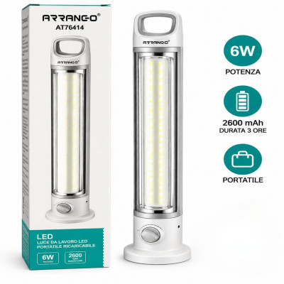 ARRANGO AT76414 6W Rechargeable LED Work Light with 2600mAh Battery, Adjustable Brightness, Carry Handle & Power Cable