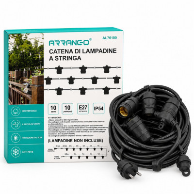 Arrango 10m Outdoor String Light Cable with 10 E27 Bulb Sockets, IP54 Weather Resistant Connectable Garden Lighting