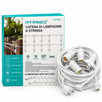 Arrango 10m White Outdoor String Light Cable with 10 E27 Bulb Sockets, IP54 Weather Resistant Connectable Garden Lighting