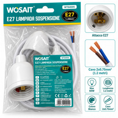 Wosait E27 Pendant Light Holder with 1.2m Cable 60W Max White Ceiling Suspension Lamp Fitting for Indoor Lighting