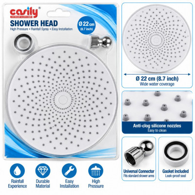 CASILY 22cm Round Rain Shower Head ABS Water Saving Overhead Bathroom Shower Sprayer with Connection Fittings