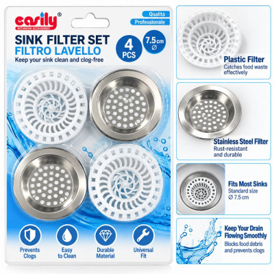 CASILY 4-Piece 7.5cm Kitchen Sink Drain Filter Set Plastic and Metal Strainers for Food Waste and Debris