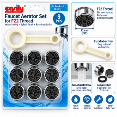 CASILY 9-Piece F22 Faucet Aerator Kit 22mm Water-Saving Tap Filters with Installation Key for Kitchen and Bathroom