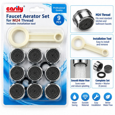 CASILY 9-Piece M24 Faucet Aerator Kit 24mm Water-Saving Tap Filters with Installation Key for Kitchen and Bathroom