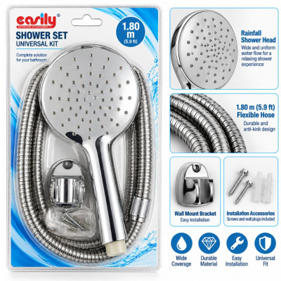 CASILY Universal Handheld Shower Kit with 1.8m Stainless Steel Hose Wall Holder Water Saving Chrome Shower Head