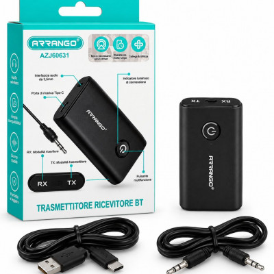 Arrango AZJ60631 Bluetooth 5.0 Transmitter Receiver 2-in-1 Wireless Audio Adapter with 3.5mm AUX and USB-C Charging