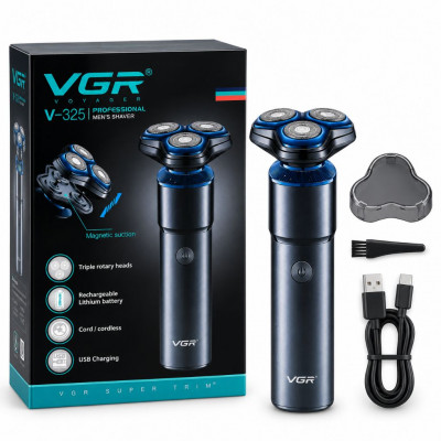 VGR V-325 Professional Men’s Rechargeable Triple Rotary Shaver with Magnetic Head USB Charging Cord/Cordless
