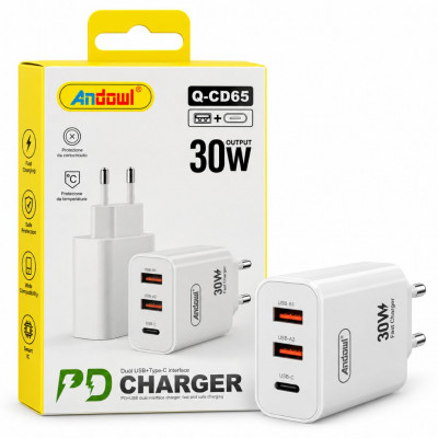 Andowl Q-CD65 30W PD Fast Wall Charger with 2 USB-A Ports and USB-C Port, EU Plug, Multi-Device Charging